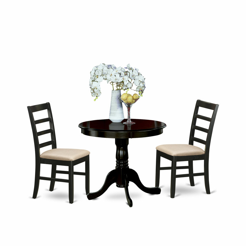 3 Piece Dining Room Furniture Set Contains a Round Kitchen Table with Pedestal and 2 Linen Fabric Upholstered Dining Chairs, 36x36 Inch, Cappuccino