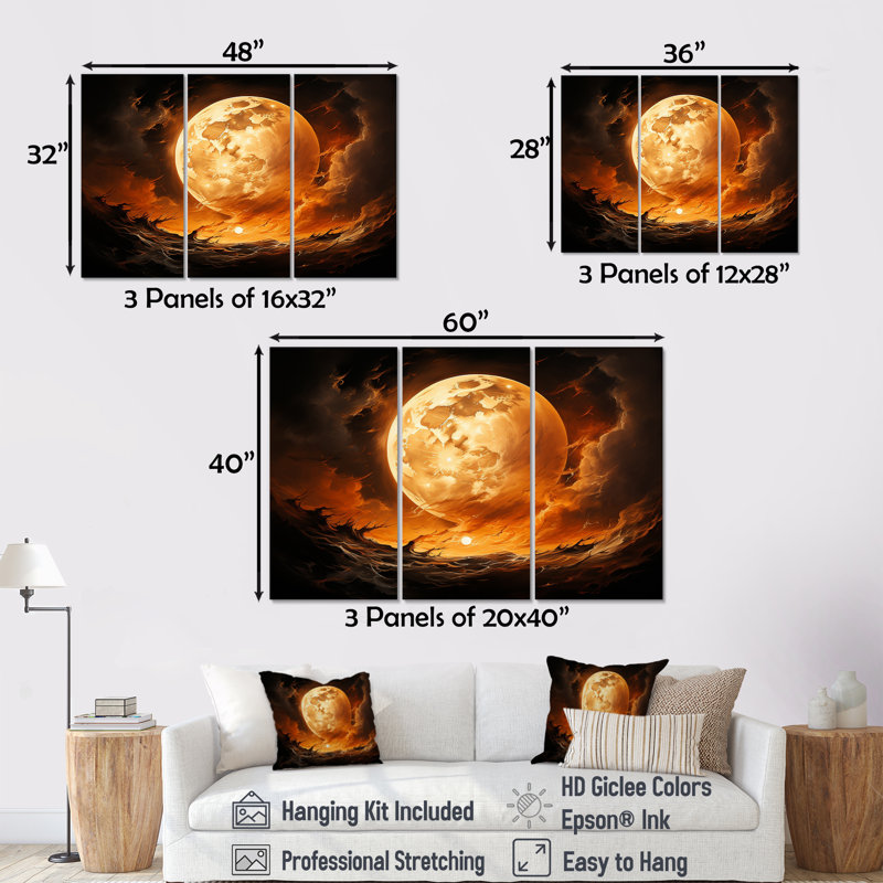 Fiery Moonlight Vision II - Moon, impression d'art mural, H 28 po x l 36 po x P 1 po, Toile tendue