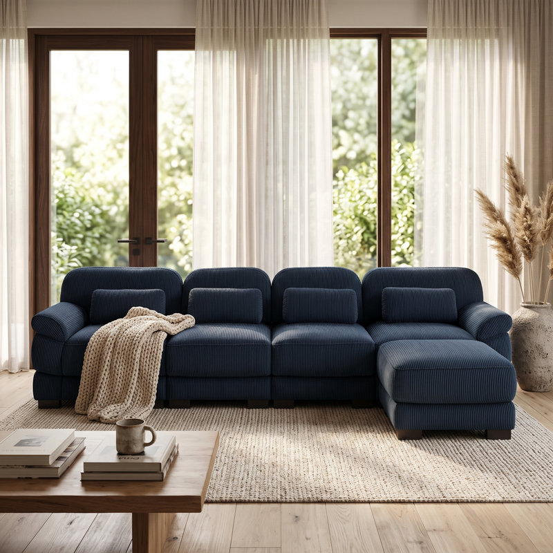 Canapé d'angle modulaire 4 places en velours côtelé bleu avec pouf amovible et méridienne modulable