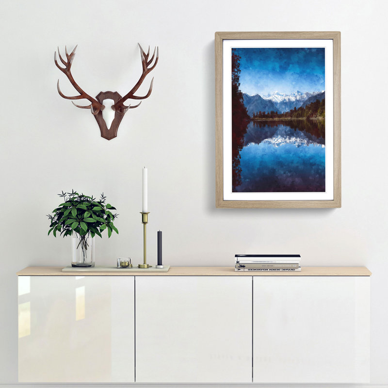 Lake Matheson in New Zealand - Picture Frame Graphic Art Print, 87cm H x 62cm W x 2cm D, Oak Framed