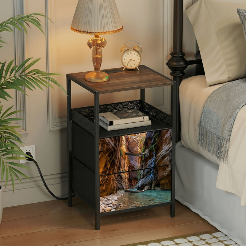 Table de chevet 2 tiroirs avec station de charge, table de chevet pour chambre avec ports USB et amp; Table de chevet noire Outlets