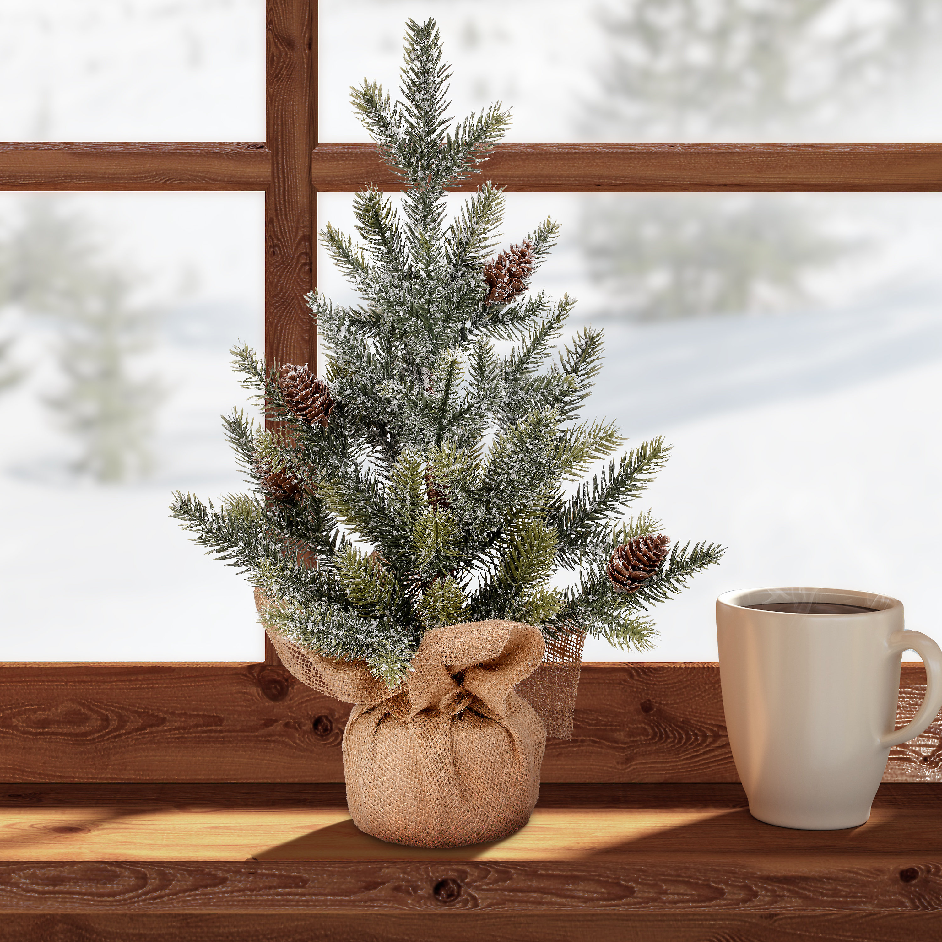 The Holiday Aisle® 16" Faux Snow Frost Pine Tree In Burlap Set of 2 | Wayfair