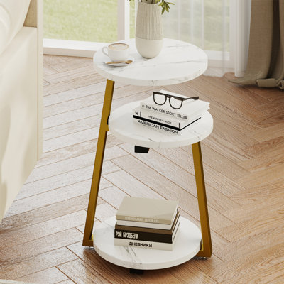 Petite table d'appoint ronde avec rangement à 3 niveaux - table de bout en or blanc, table de chevet robuste en métal, table basse compacte pour le salon de la chambre à coucher