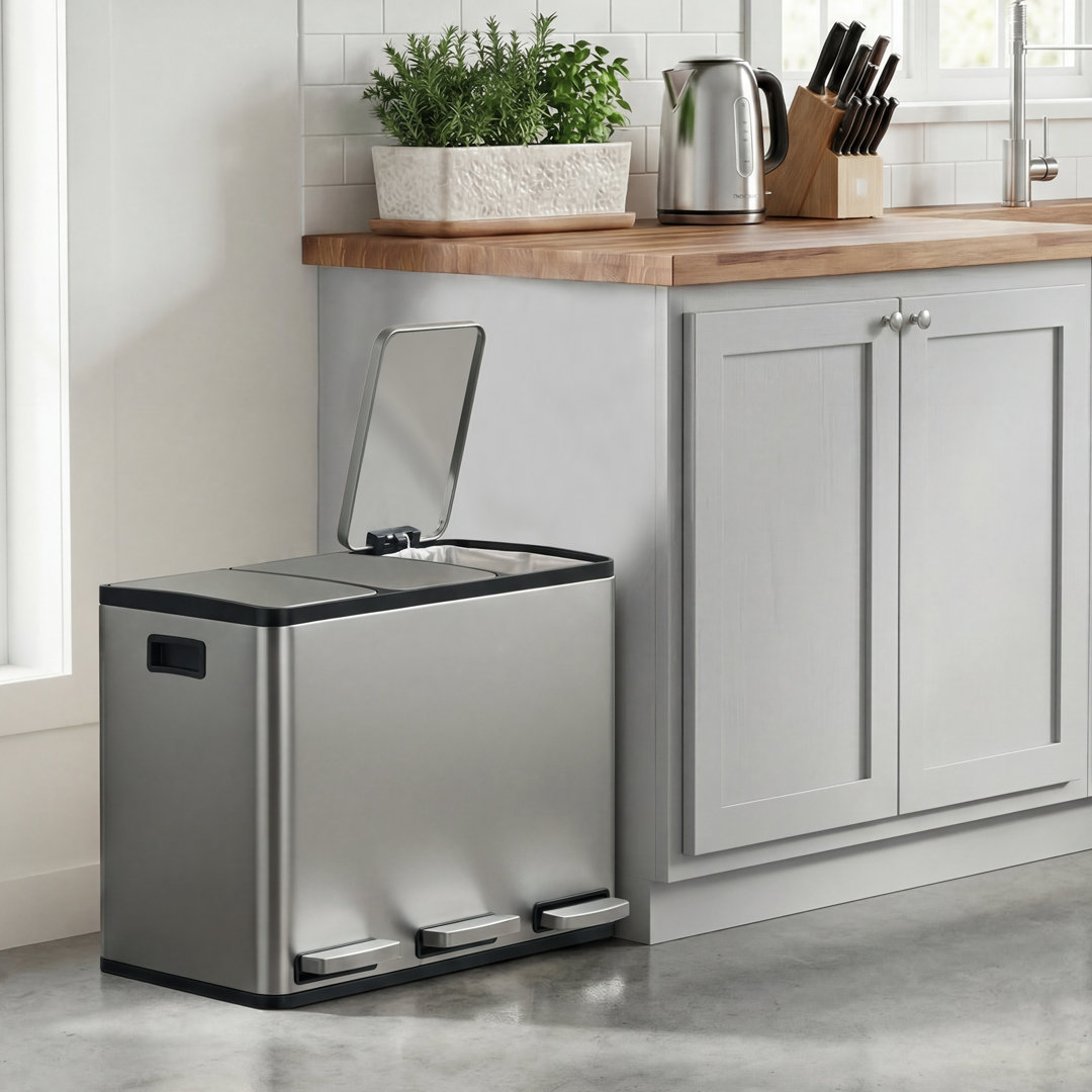 3 Compartment Pedal Bin, Stainless Steel Kitchen Recycling Bin With Removable Buckets, Soft Close Lid, Silver