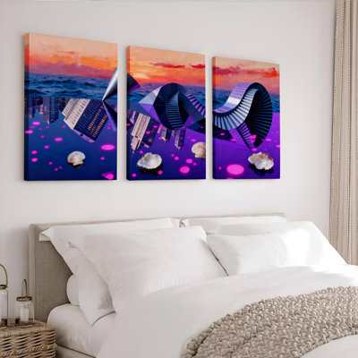 Abstract Ocean Cityscape with Pink Dots and Seashells Canvas Wrapped Wall Art Oil Painting Print Set of 3