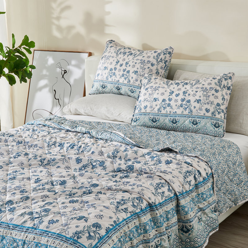 Twin Blue Microfiber Reversible Floral Quilt Set