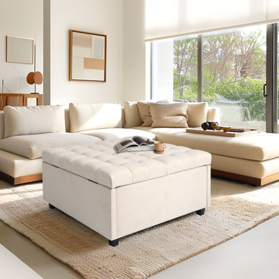 Banc repose-pieds avec rangement Winston Porter de 31,5 po de largeur, repose-pieds en lin capitonné, table basse avec rangement, beige