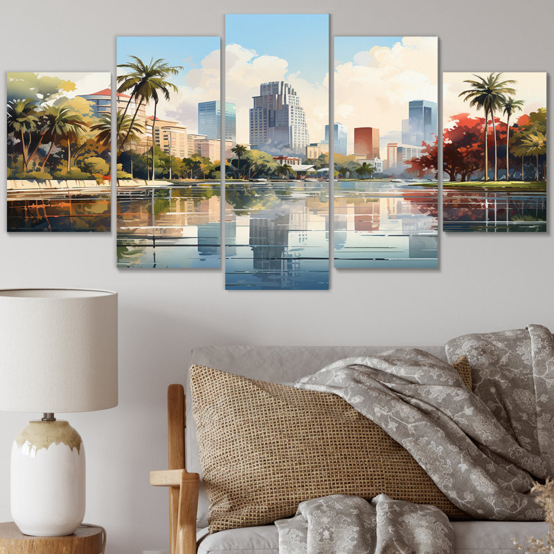 «Skyline of Modern Florida City Watercolor», impression d'art mural de la Floride - 5 panneaux