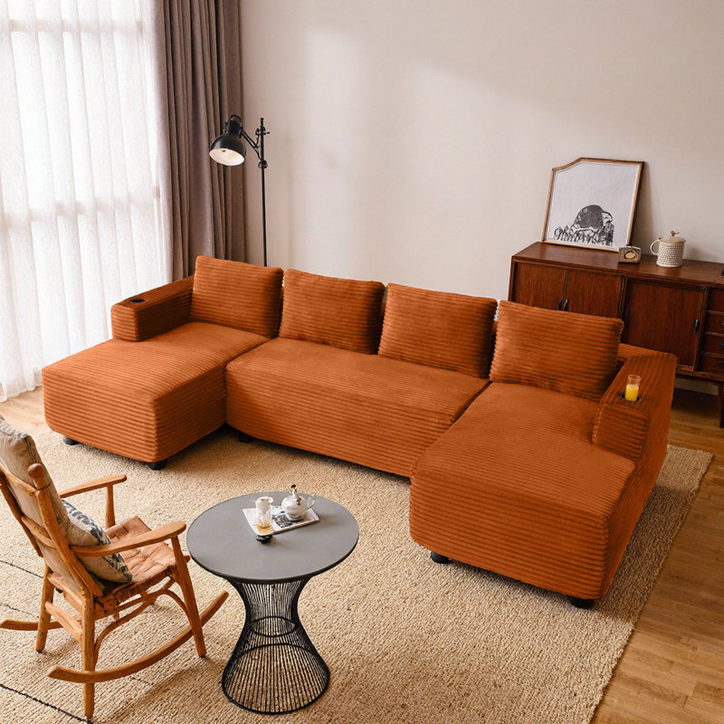 Canapé modulaire en forme de U 132 po Corduroy Cloud, sans assemblage, avec méridienne et porte-gobelets, bleu, 4 places
