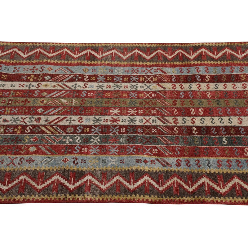 Rug & Kilim’s Tribal Runner In Red And Blue Stripes And Geometric Patterns, Runner 3' x 10'