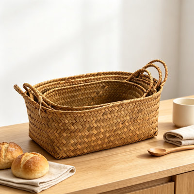 Woven Rattan Baskets Set of Three for Kitchen Storage and Organizing Fruits Vegetables and Snacks with Handles