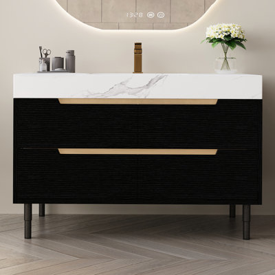 35.4" Luxury Bathroom Vanity Featuring Undermount Sink, Sintered Stone Top, Waterproof Solid Wood, 4 Soft - Close Drawers, Iron Legs With Gold Pulls Ceramic Counter, Multi Layer