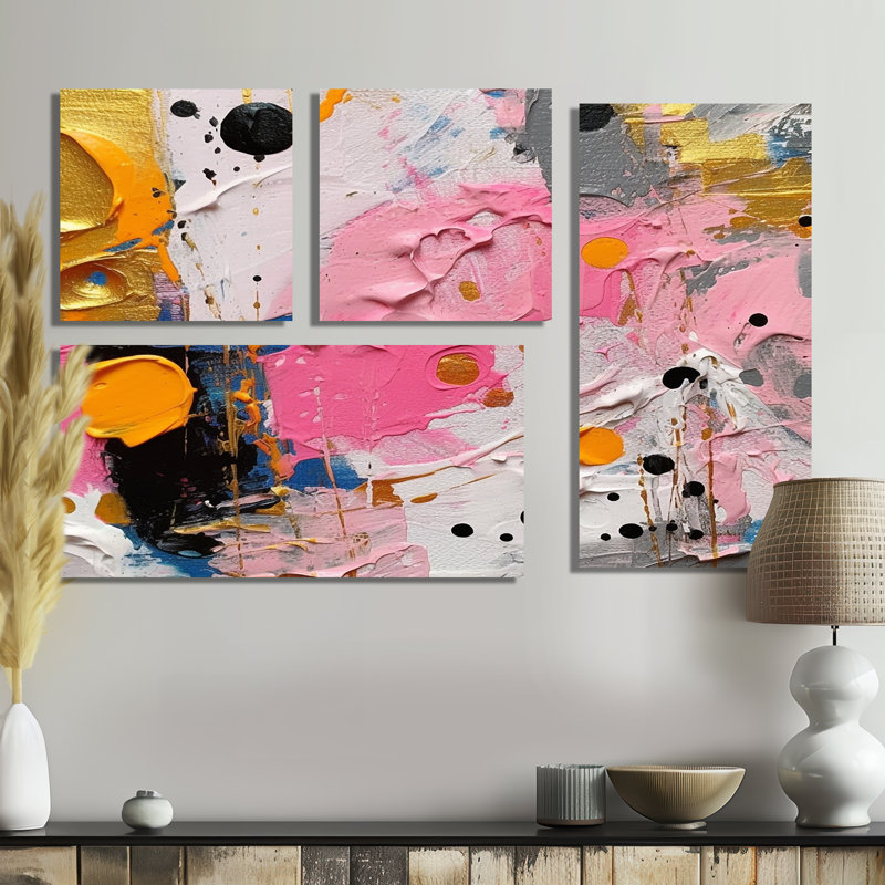 Ensemble de 4 décorations géométriques roses et grises I, Noir, Reproduction encadrée sans passe-partout