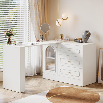 Modern Corner Vanity Desk with Storage, L-Shaped Makeup Vanity with Rotating Tabletop & Cabinet