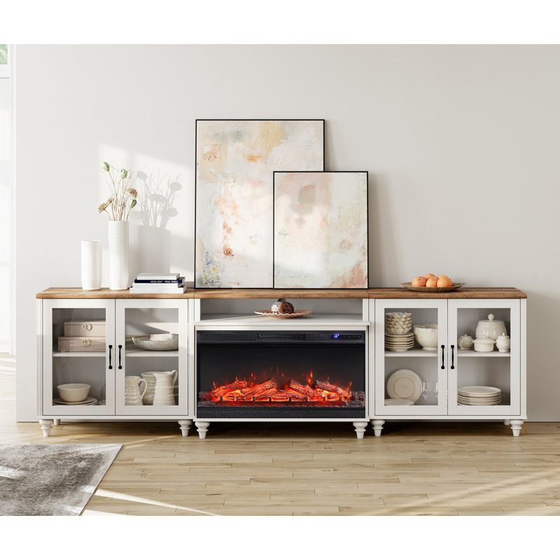 Buffet avec 4 portes en verre, grain de bois rétro, armoire avec foyer avec foyer électrique de 36 po, rangement pour bar à café, blanc, 105 po
