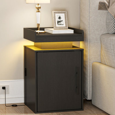 Modern Sleek Black Compact Nightstand – Large Storage Cabinet With Strong Magnetic Door, Side Handle & Built-in Led Lighting