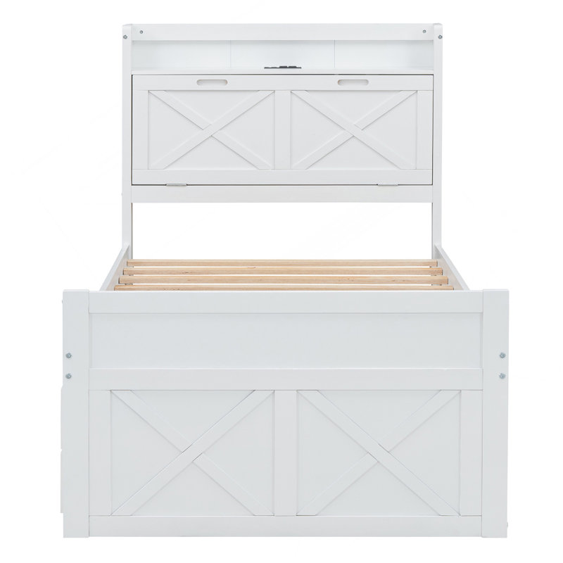 Lit simple en bois avec tête de lit avec prises de courant, lit extensible avec lit gigogne simple avec trois tiroirs de rangement, blanc