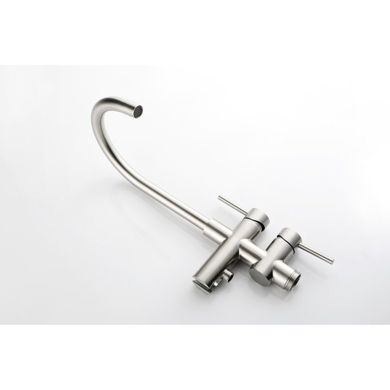 Freestanding Tub Faucet In Brushed Nickel, Handheld Shower Mixer Taps, 360 Degree Swivel Spout, Floor Mounted Dependable Fixture Stainless Steel Filler With Shower, Bathroom Accessory