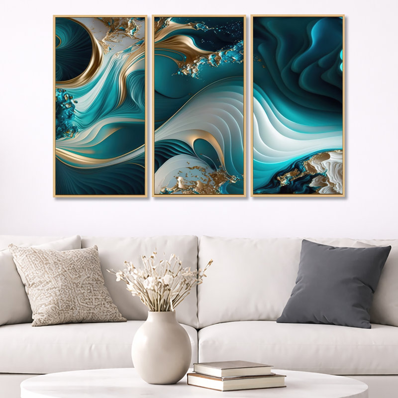 Géode abstraite turquoise II - reproduction de 3 pièces, Naturel, H 32 po x l 48 po x P 1 po