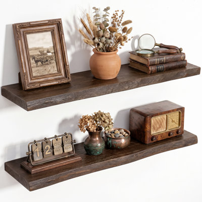 2 Piece Reclaimed Live Edge Wall Floating Shelves, Rustic Wood Wall Mount Storage & Display Shelving
