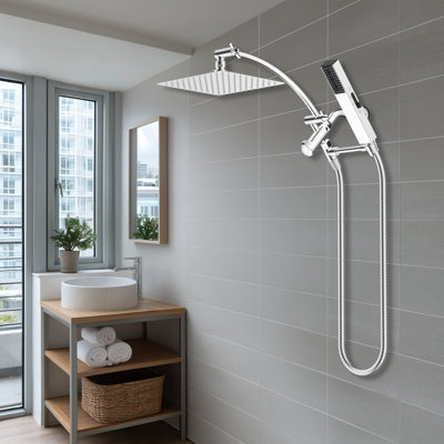 Ensemble de douche 2 en 1 : pommeau de douche effet pluie de 25 cm et douchette à main à 4 jets avec bras d’extension réglable de 40 cm, flexible en acier inoxydable de 180 cm et support, chromé.