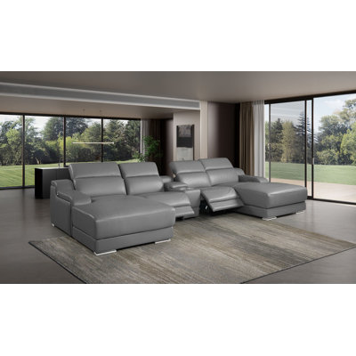 Canapé modulaire en forme de U gris foncé 5 pièces en cuir italien avec 2 fauteuils inclinables électriques et appuis-tête réglables