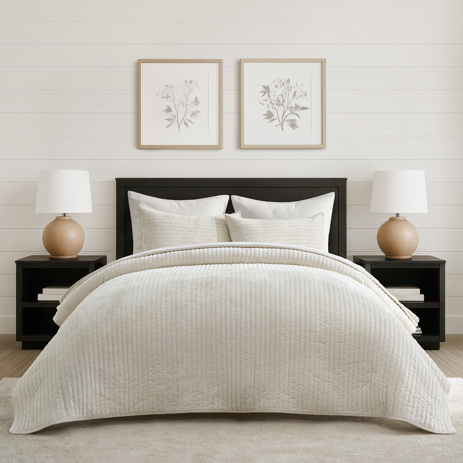 Luxe Velvet Channel Quilt Set, Ivory White, California King