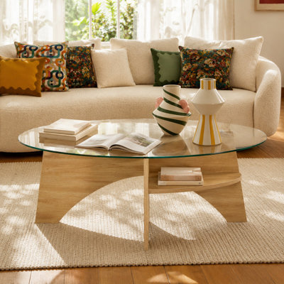 Oval Tempered Glass Coffee Table - 41.3"x23.6" Multi-Functional Design.Oval Tabletop.Natural Wood Color Diagonal fan-shaped tray design Table Leg., Natural Wood,Transparent