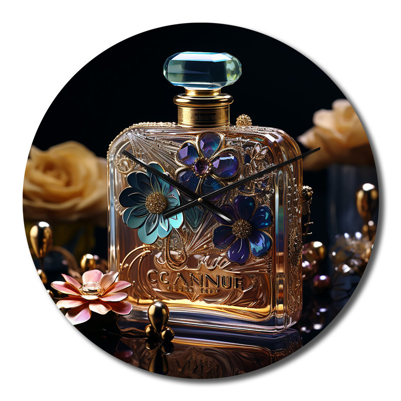 Horloge murale rétro en forme de bouteille de parfum avec fleurs II, Petit