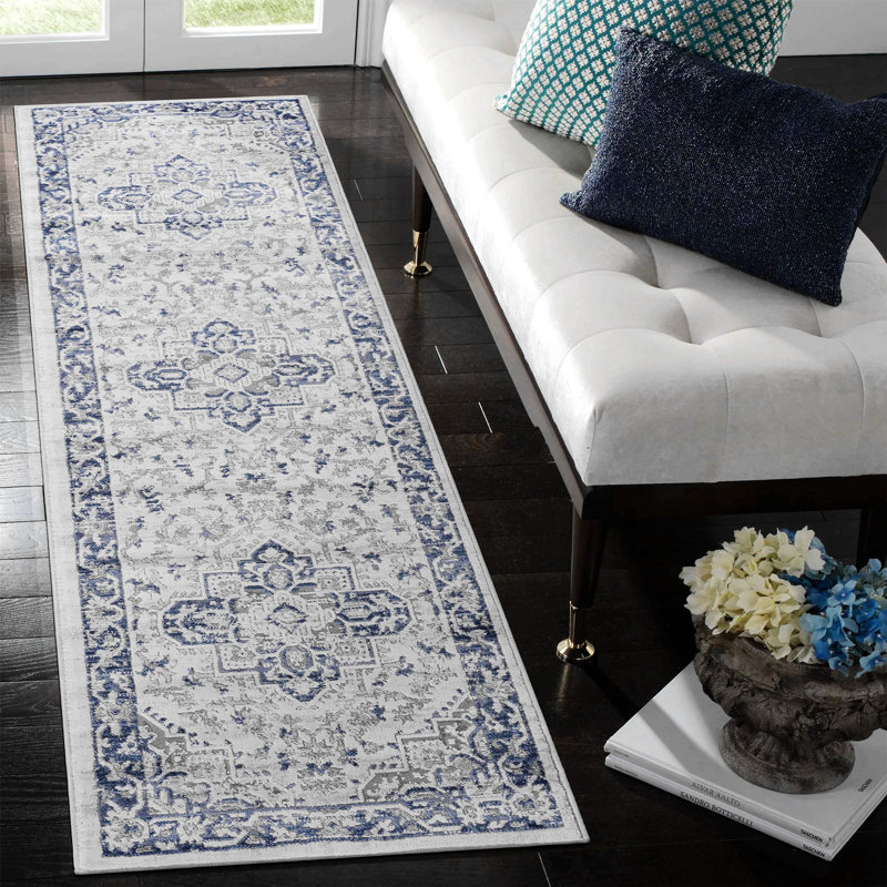Tapis bleu / gris / oriental, Tapis de couloir 2 pi 2 po x 8 pi