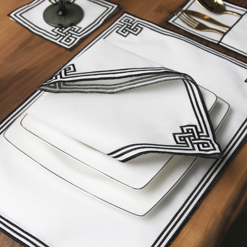 Embroidered White Linen Placemats with Gold Scrollwork – 24pc Elegant Table Mats Set for 6 Person | Islamic Decorative Dining Linens