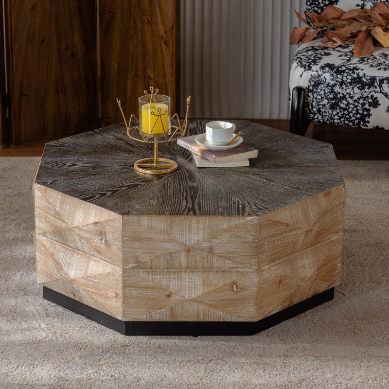 Table basse ronde de 96,5 cm (38 pouces) de style rétro en bois avec motif en relief tridimensionnel, idéale pour le salon ou la maison.