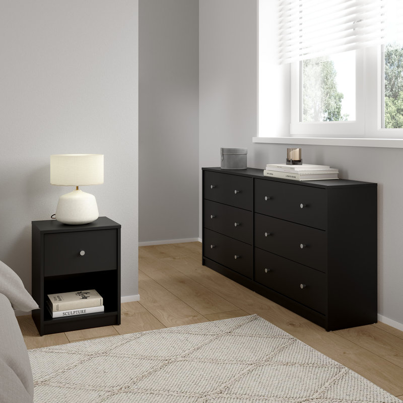 Ensemble de chambre à coucher 3 pièces - commode double 6 tiroirs et ensemble de table de chevet 2 pièces, noir, Noir