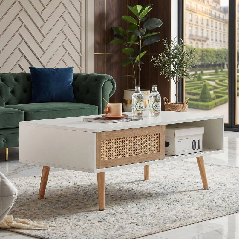 Table basse de 41,34 po en rotin, porte coulissante pour rangement, pieds en bois massif, table moderne pour le salon, blanc