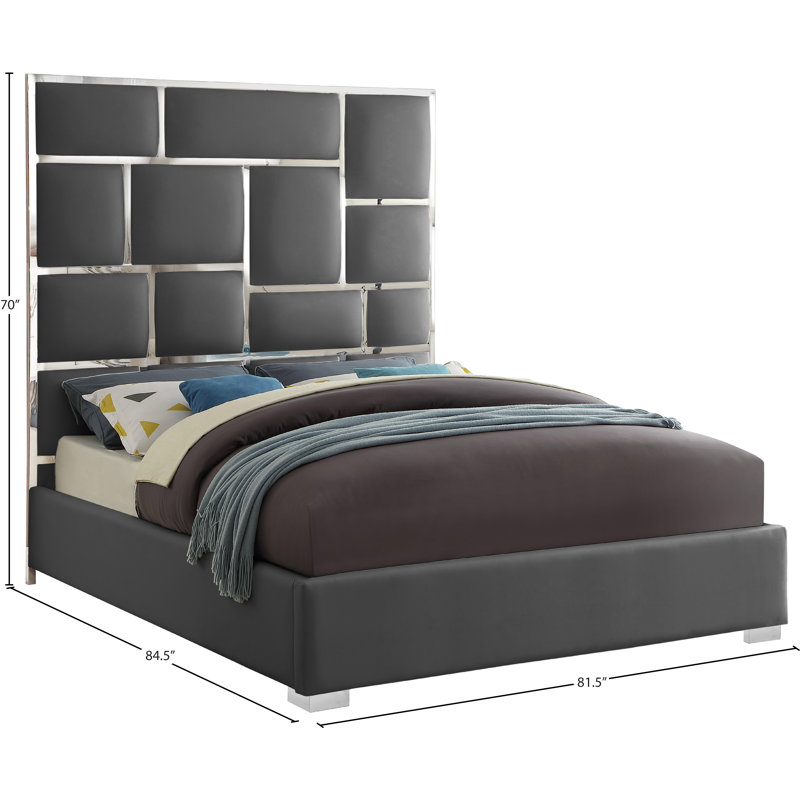 Uthyr Upholstered Panel Bed, King, Grey Vegan Leather