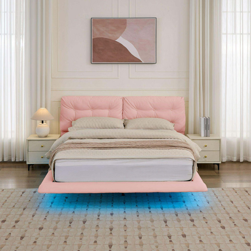 Cadre de lit flottant pour grand lit avec lumières à DEL, lit plateforme en cuir d'unité centrale avec tête de lit capitonnée, assemblage facile, aucun sommier nécessaire