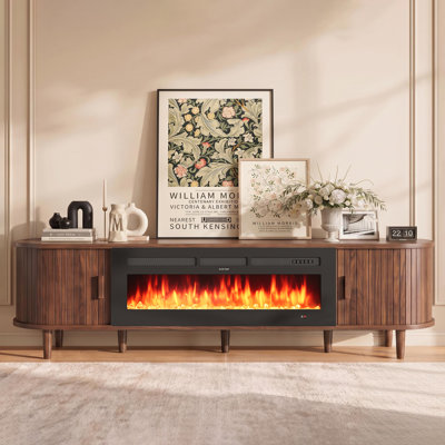 Meuble télé foyer cannelé en noyer de 229 cm avec télécommande et commandes tactiles, couleurs de flamme et température réglables, centre multimédia avec rangement pour téléviseurs de 254 cm, console multimédia moderne pour salon