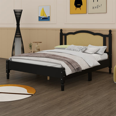Bohemian Wooden Platform Bed With Natural Rattan Headboard And Arc Design