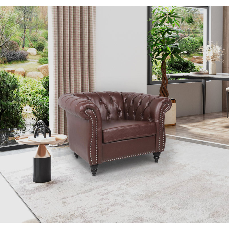 Fairport 39" W Tufted Chesterfield Chair, Dark Brown Faux Leather