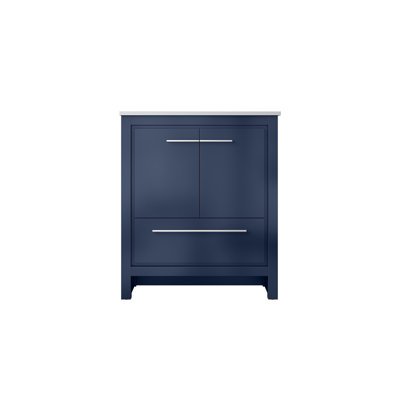 Meuble-lavabo bleu marine 30 po x 20 po avec comptoir en marbre. Fabrication en bois massif. Mécanisme de fermeture en douceur. Surface à gratter et à teindre. Grande armoire de rangement, tablette ouverte avec tiroirs. Prêt pour robinet simple