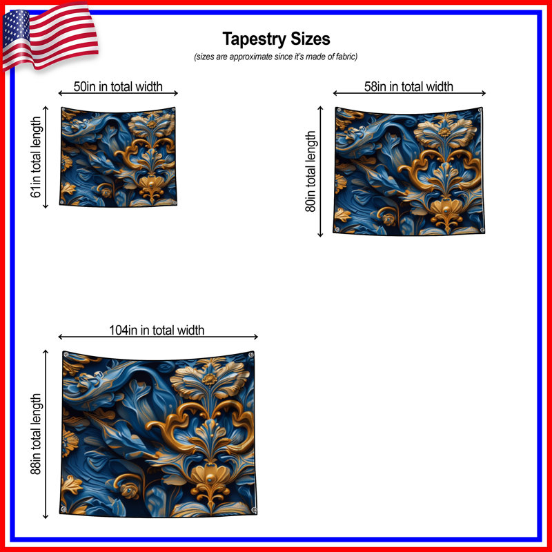 Blue Gold Baroque Pattern Wall Tapestry - Baroque Wall Decor, H 50 po x l 60 po avec 4 œillets