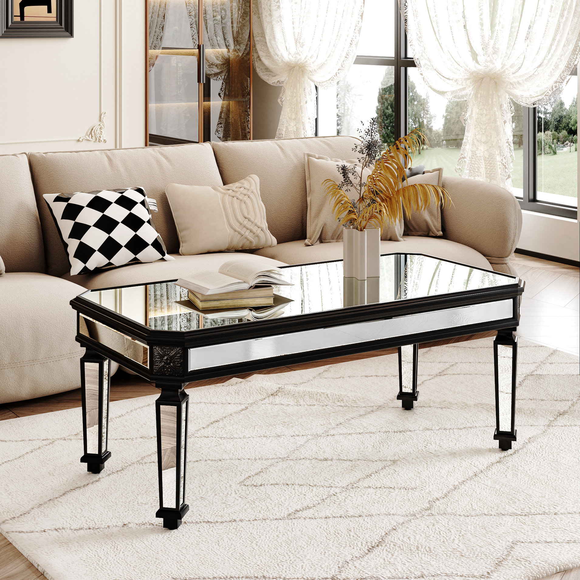 Latitude Run® Silver Mirrored Rectangular Tea Table With Black Vintage ...