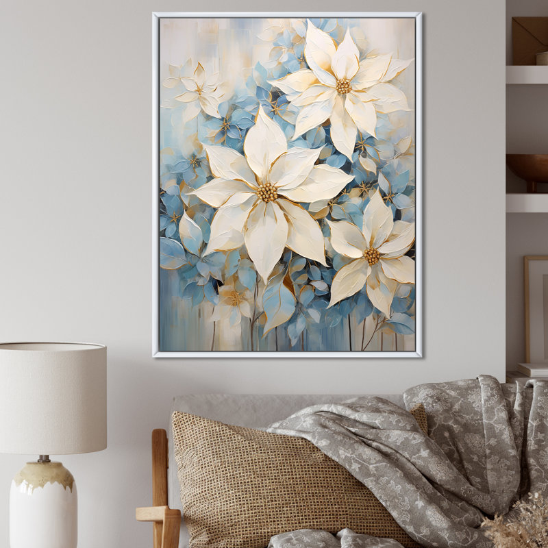 "Poinsettias" beige et bleu, variété florale I, impression sur toile, Cadre flottant blanc, 20" H x 12" W