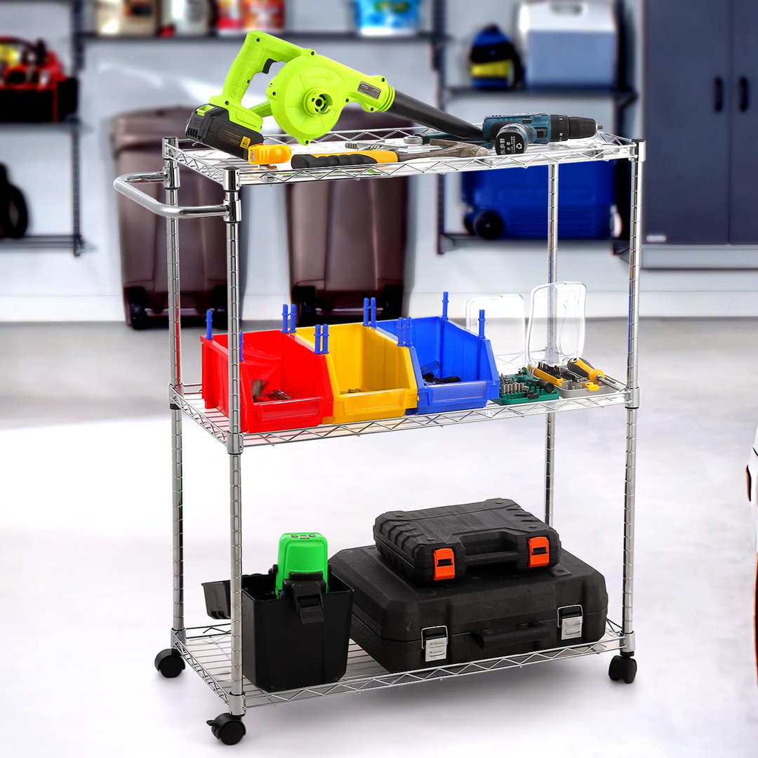 3-Tier Adjustable Kitchen Rolling Carts On Wheel, Commercial Grade Metal Service Cart, Steel Heavy Duty Utility Cart