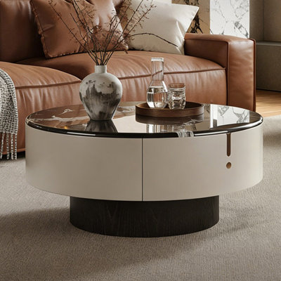 Image de couleur pierre et table basse ronde en bois manufacturé