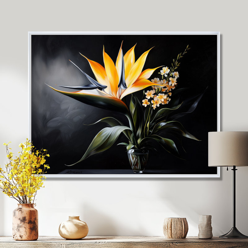 Fleurs tropicales, oiseaux du paradis II, impression d'art mural, H 34 po x l 44 po, Cadre flottant sans passe-partout, Blanc