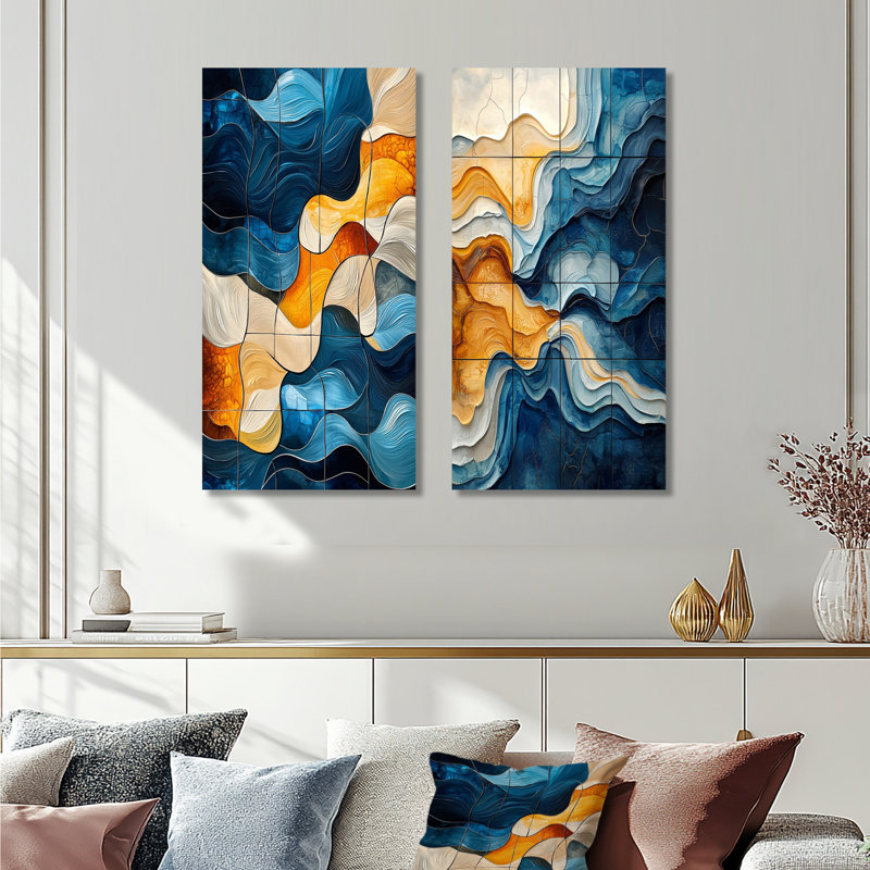 Brun et bleu Odyssey Tiles I - ensemble d'art mural côtier 2 pièces, H 32 po x l 32 po, Toile tendue sur cadre