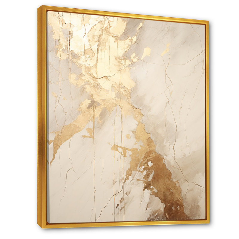 Reproduction sur toile beige et or marbré foudre IV - Formes abstraites, Cadre flottant doré, H 32 po x l 16 po x P 1 po