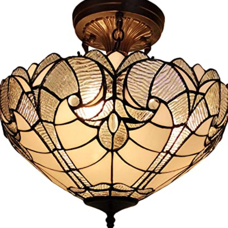 Yellow And Brown Two Light Tiffany Style Semi Flush Dimmable Ceiling Light