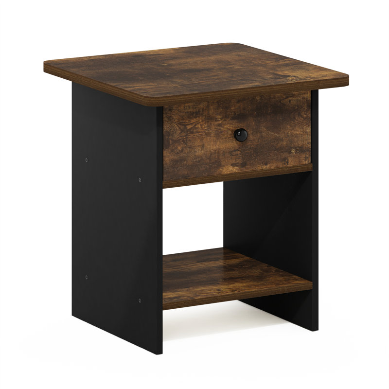 Ebern Designs Duffield Nightstand, Bedside Table Storage Shelf with Bin Drawer, Amber Pine/Black